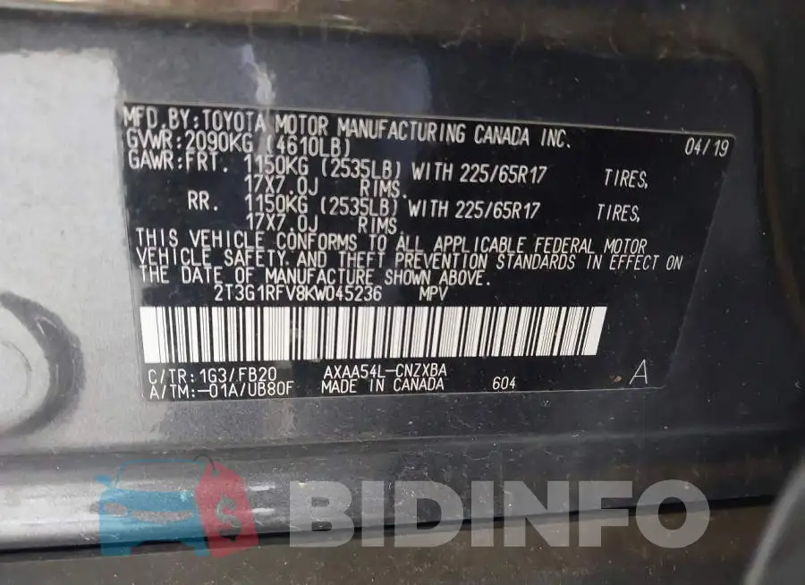 2T3G1RFV8KW045236 Photo# 9