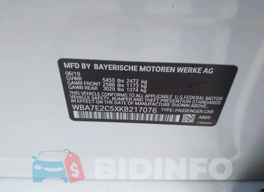 WBA7E2C5XKB217076 Photo# 9