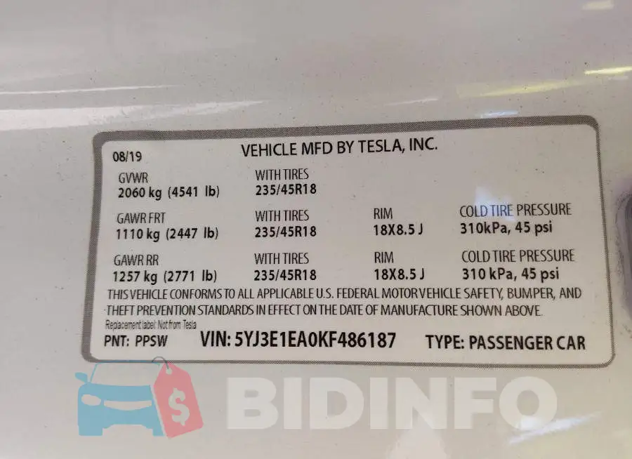 5YJ3E1EA0KF486187 Photo# 9