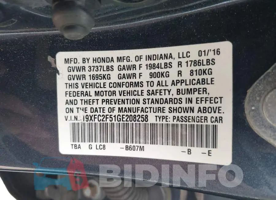 19XFC2F51GE208258 Photo# 9