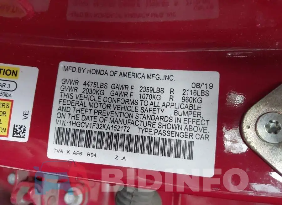 1HGCV1F32KA152172 Photo# 9