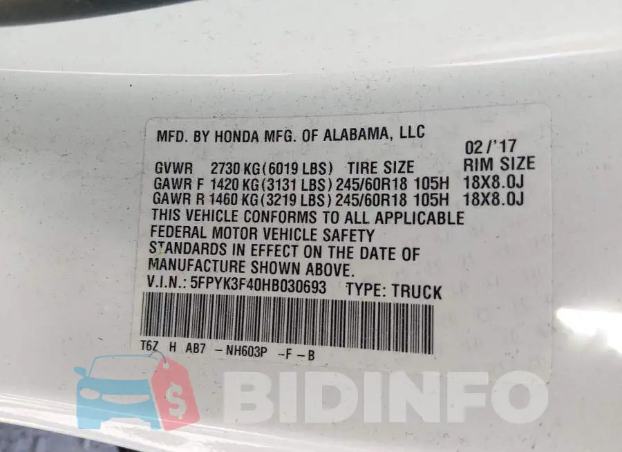 5FPYK3F40HB030693 Photo# 9