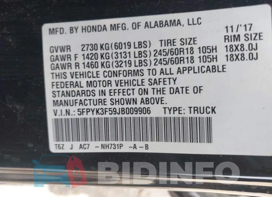 5FPYK3F59JB009906 Photo# 9