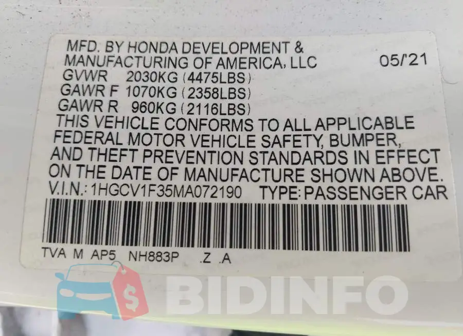 1HGCV1F35MA072190 Photo# 9
