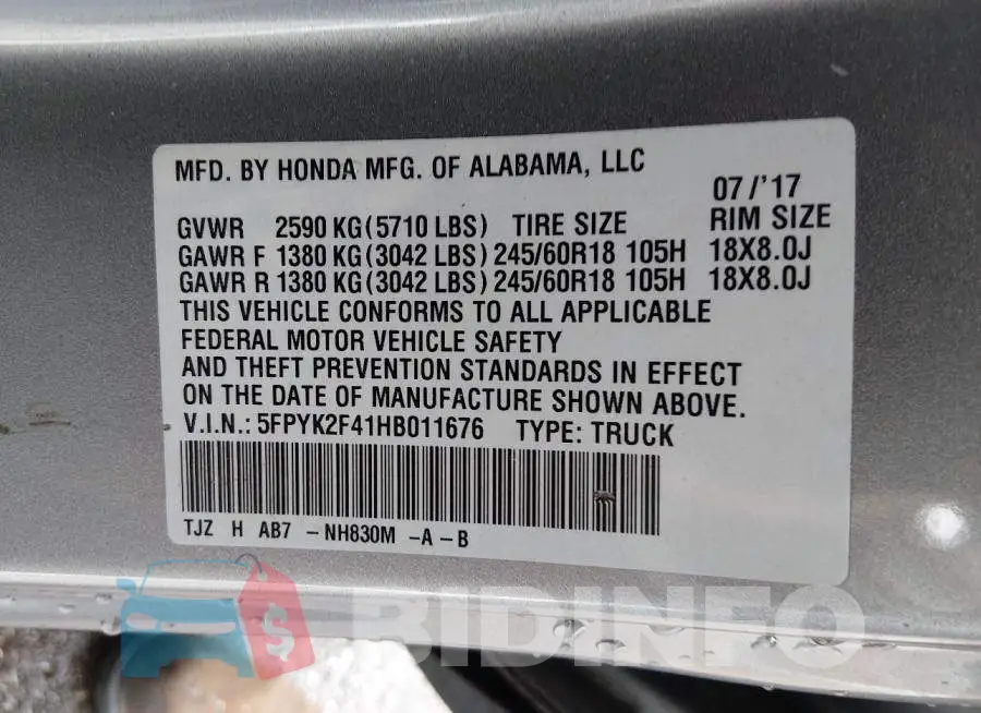 5FPYK2F41HB011676 Photo# 9