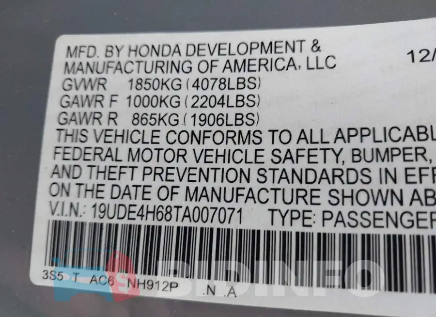 19UDE4H68TA007071 Photo# 9