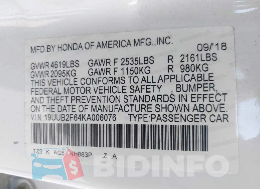 19UUB2F64KA006076 Photo# 9