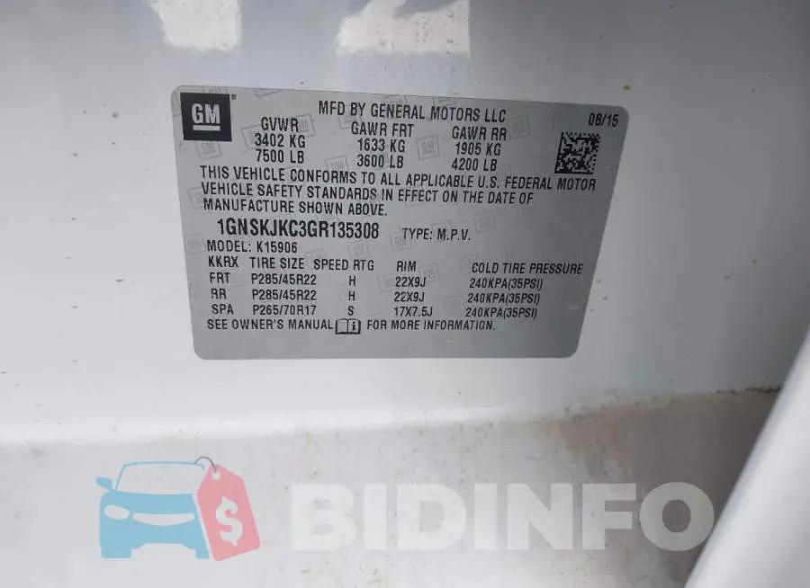 1GNSKJKC3GR135308 Photo# 9