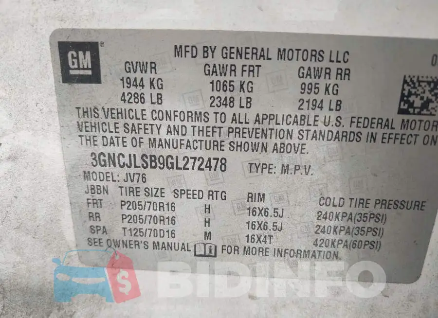 3GNCJLSB9GL272478 Photo# 9