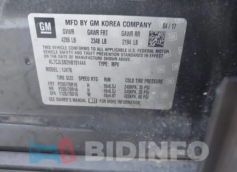 KL7CJLSB2HB191444 Photo# 9