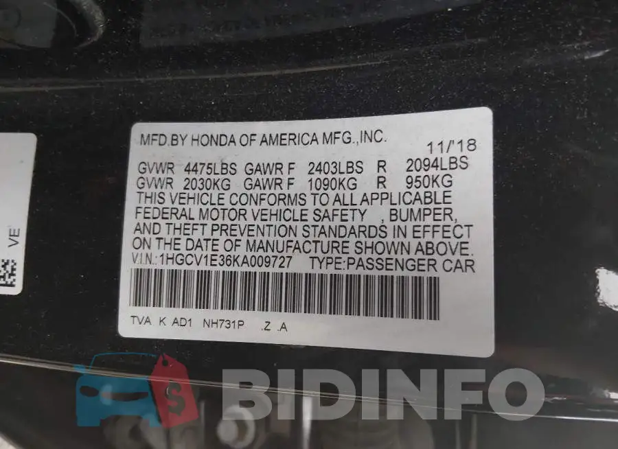 1HGCV1E36KA009727 Photo# 9