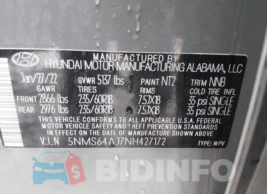 5NMS64AJ7NH427172 Photo# 9
