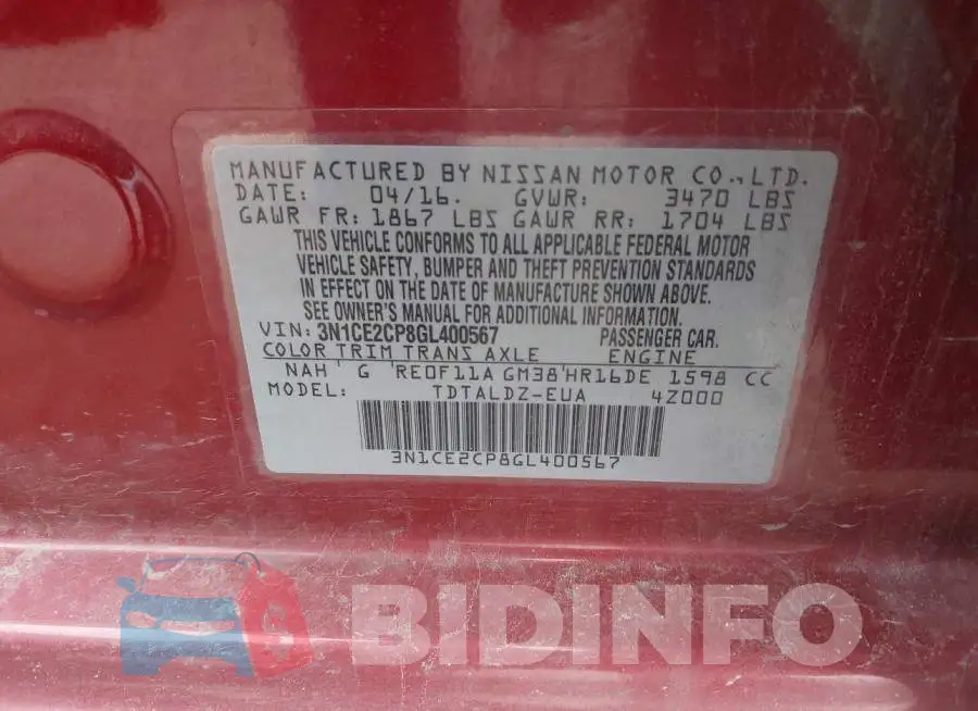 3N1CE2CP8GL400567 Photo# 9