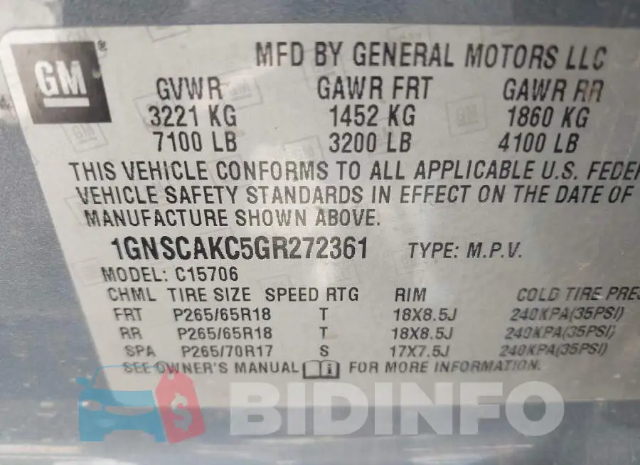 1GNSCAKC5GR272361 Photo# 9