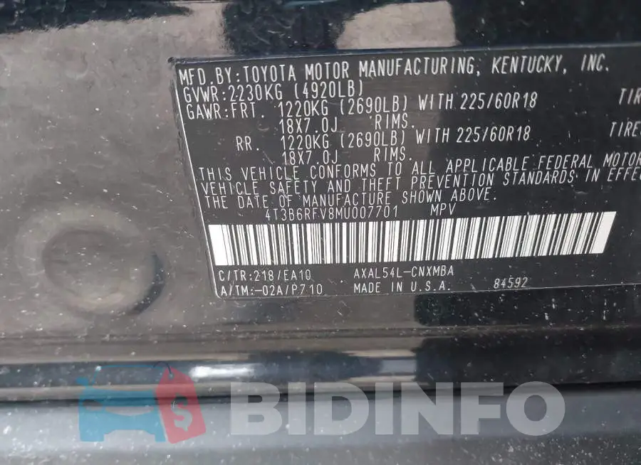4T3B6RFV8MU007701 Photo# 9