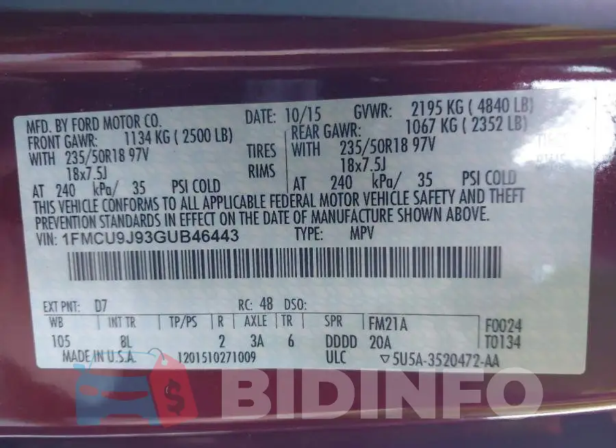 1FMCU9J93GUB46443 Photo# 9