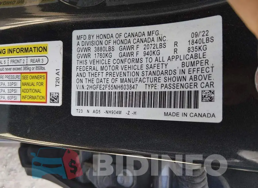 2HGFE2F55NH603847 Photo# 9