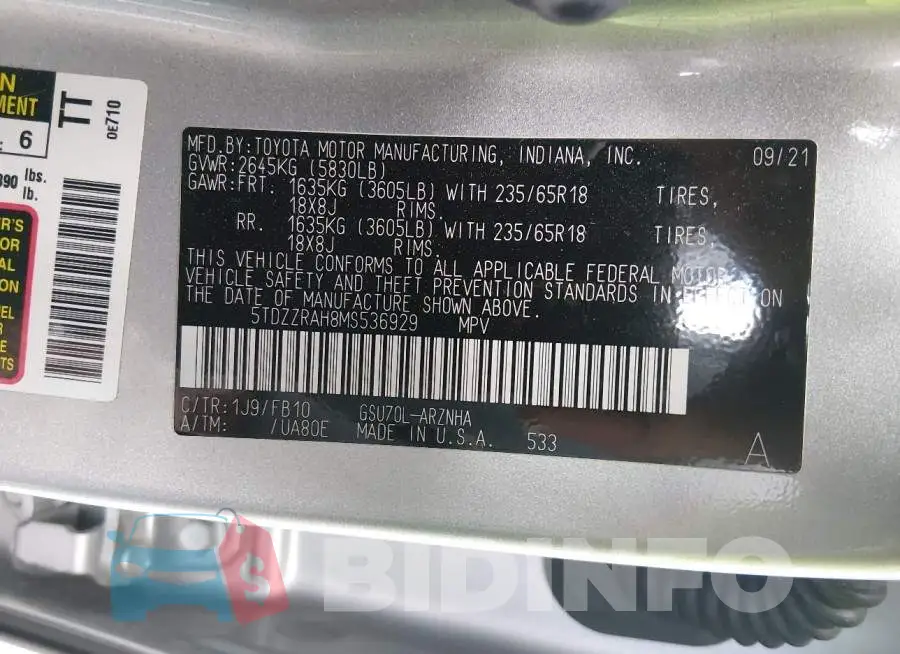 5TDZZRAH8MS536929 Photo# 9