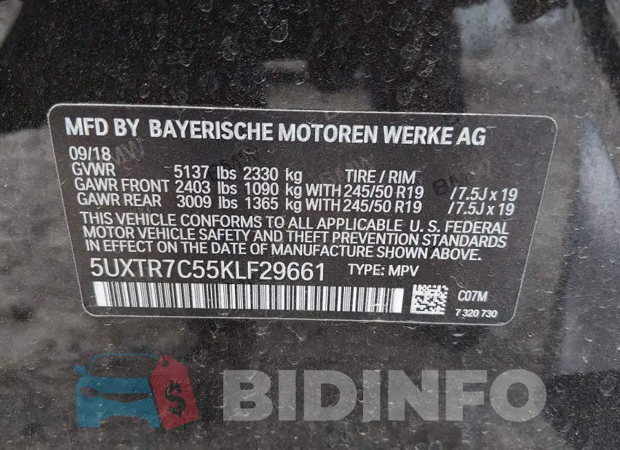 5UXTR7C55KLF29661 Photo# 9