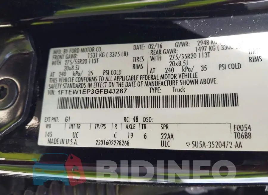 1FTEW1EP3GFB43287 Photo# 9