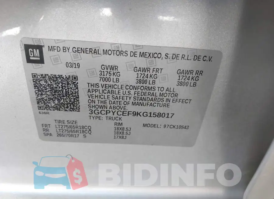 3GCPYCEF9KG158017 Photo# 9