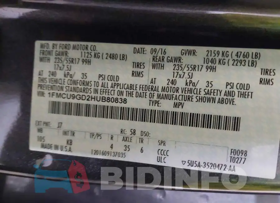 1FMCU9GD2HUB80838 Photo# 9