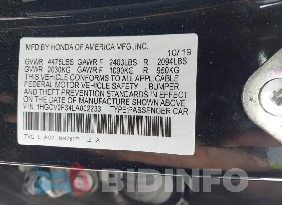 1HGCV2F34LA002233 Photo# 9