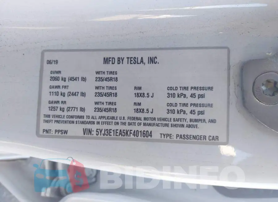 5YJ3E1EA5KF401604 Photo# 9