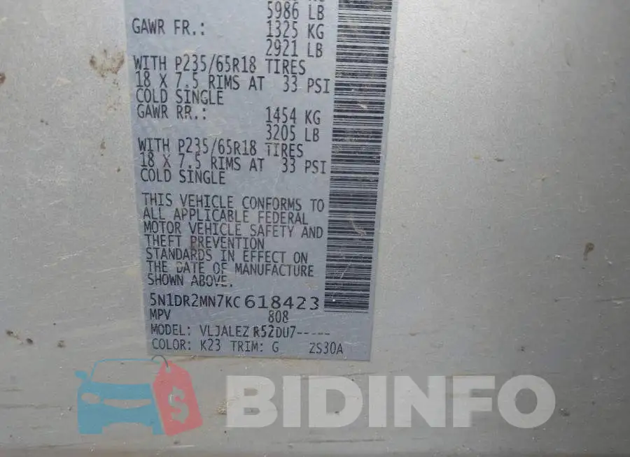 5N1DR2MN7KC618423 Photo# 9