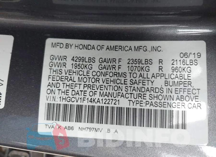 1HGCV1F14KA122721 Photo# 9
