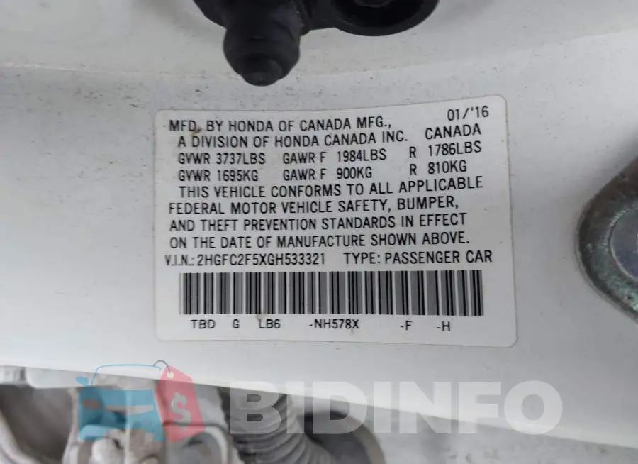 2HGFC2F5XGH533321 Photo# 9