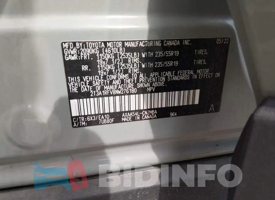 2T3A1RFV8NW276180 Photo# 9