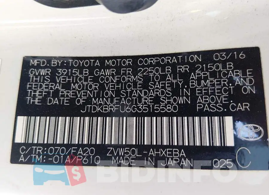 JTDKBRFU6G3515580 Photo# 9