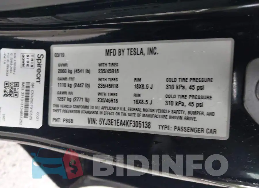 5YJ3E1EA4KF305138 Photo# 9