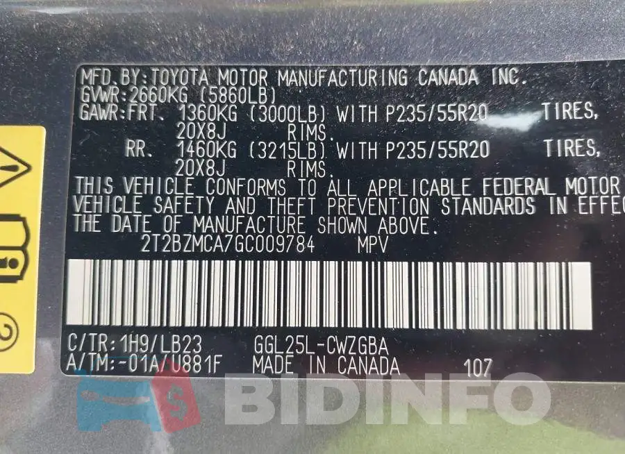 2T2BZMCA7GC009784 Photo# 9