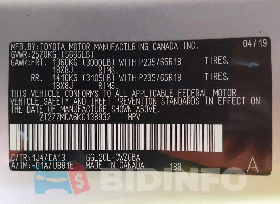 2T2ZZMCA6KC138932 Photo# 9