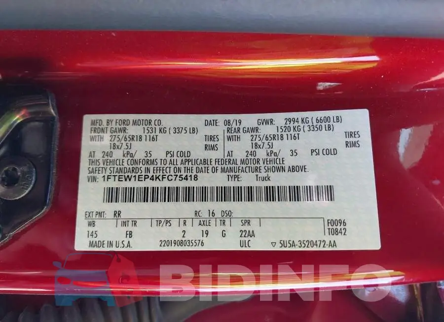 1FTEW1EP4KFC75418 Photo# 9