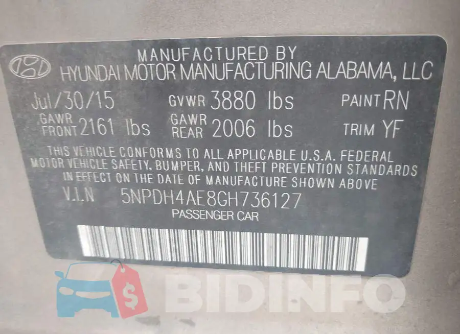 5NPDH4AE8GH736127 Photo# 9