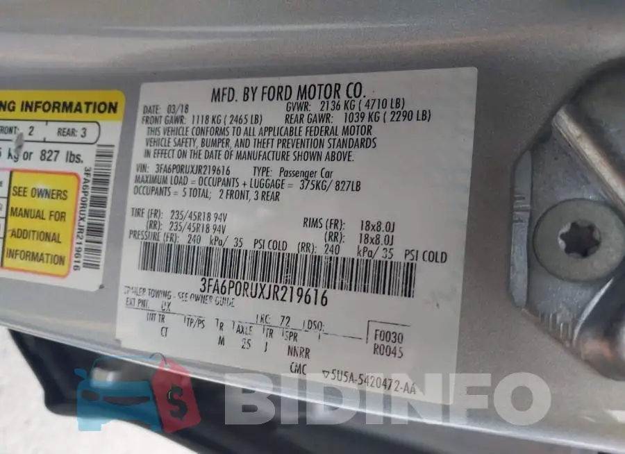 3FA6P0RUXJR219616 Photo# 9