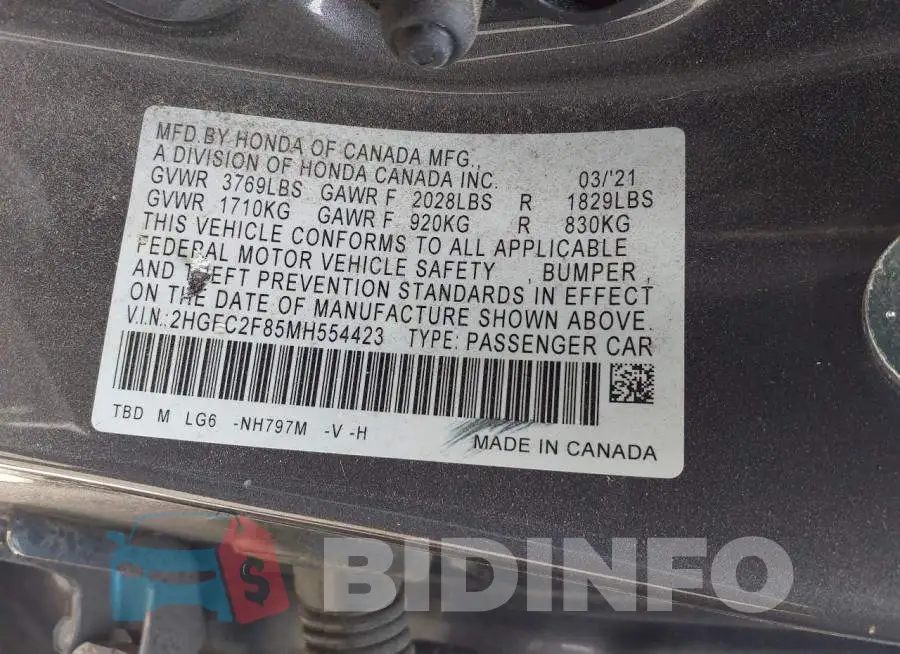 2HGFC2F85MH554423 Photo# 9