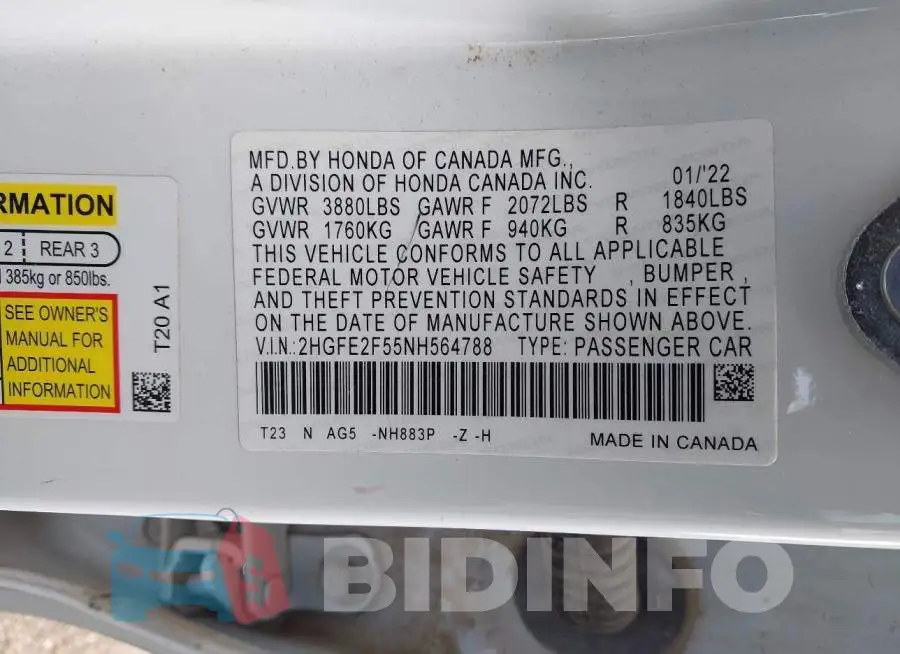 2HGFE2F55NH564788 Photo# 9