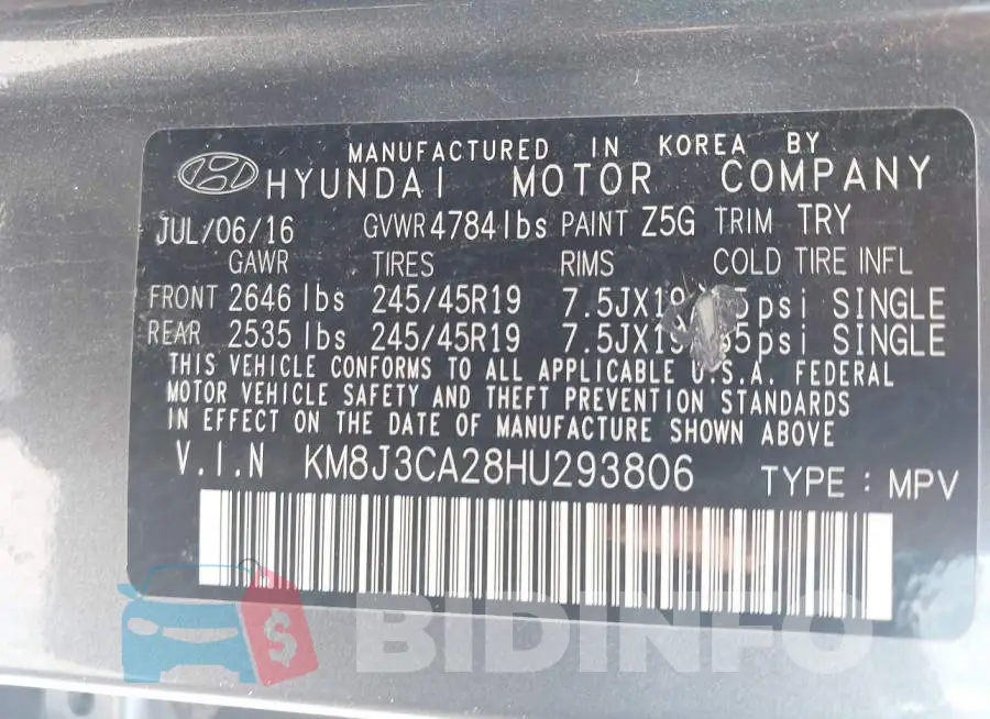 KM8J3CA28HU293806 Photo# 9