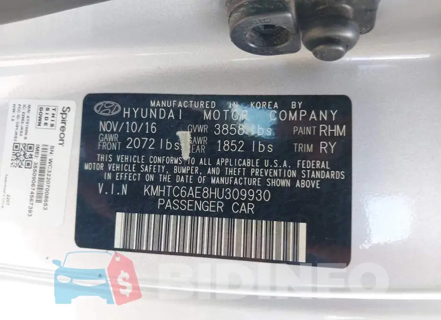 KMHTC6AE8HU309930 Photo# 9