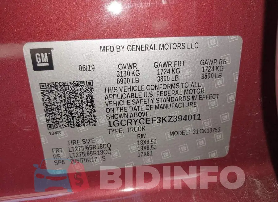 1GCRYCEF3KZ394011 Photo# 9