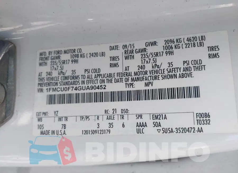 1FMCU0F74GUA90452 Photo# 9