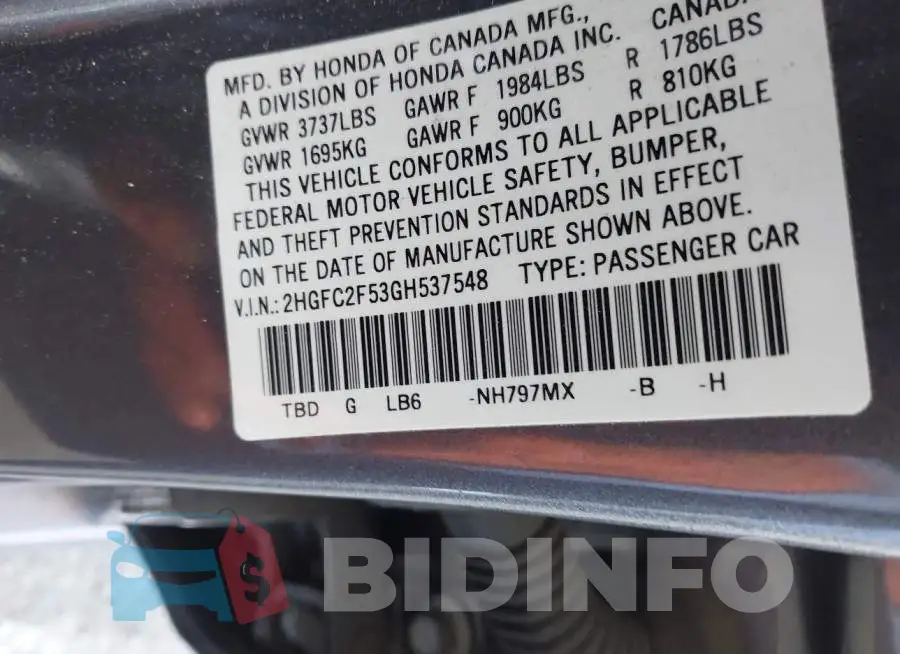 2HGFC2F53GH537548 Photo# 9
