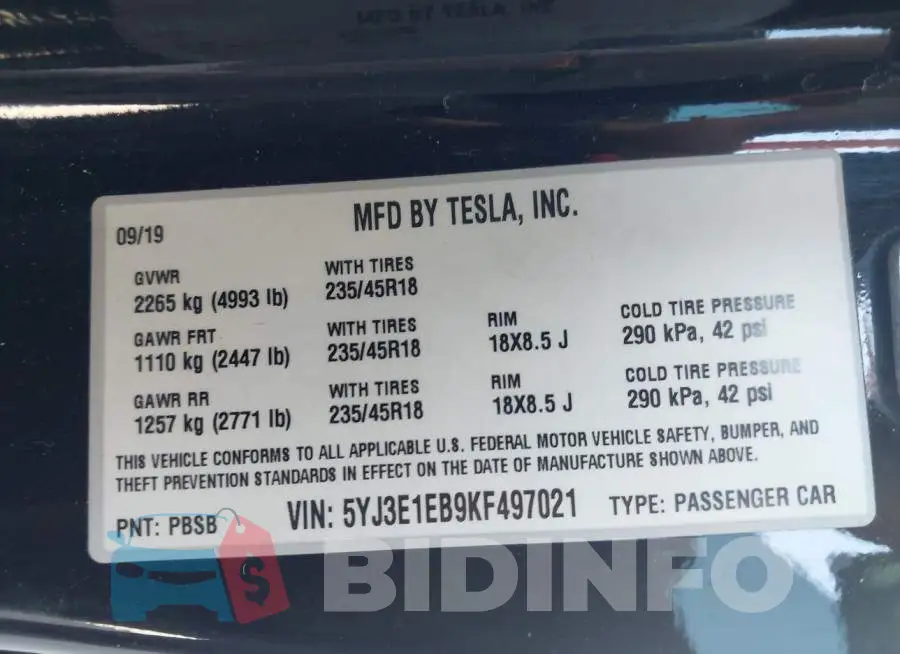 5YJ3E1EB9KF497021 Photo# 9