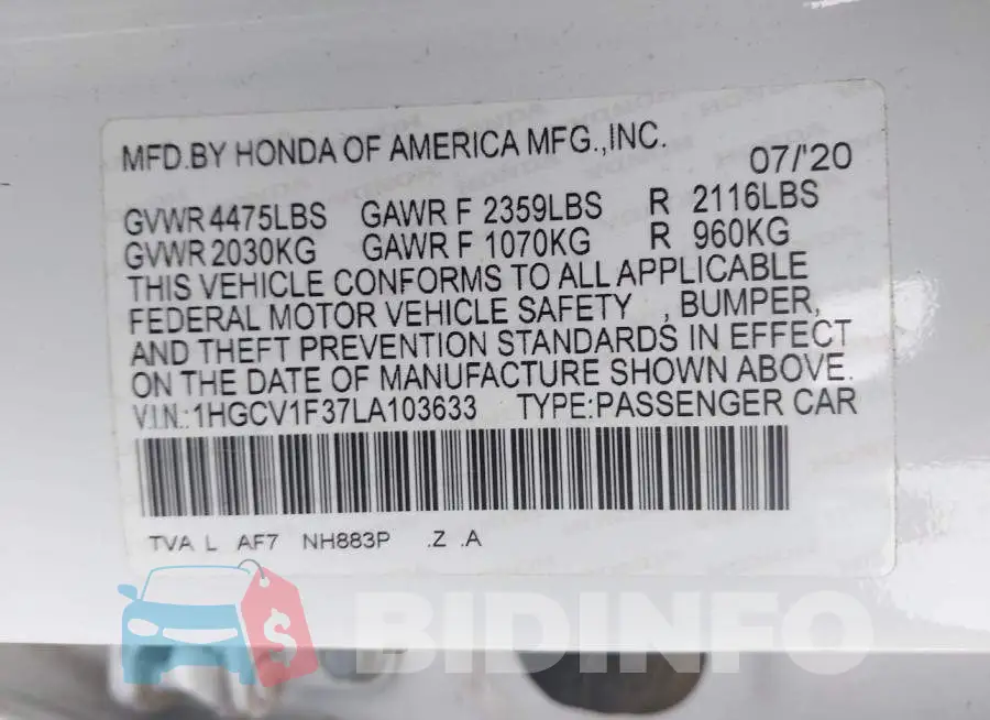 1HGCV1F37LA103633 Photo# 9