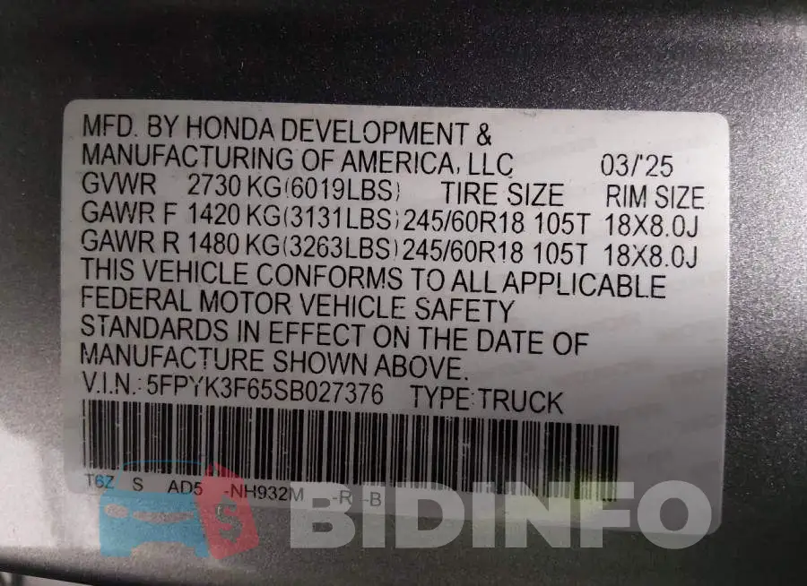 5FPYK3F65SB027376 Photo# 9