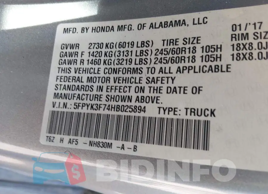 5FPYK3F74HB025894 Photo# 9